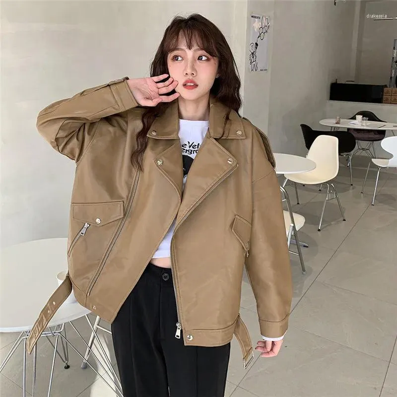 2023 Spring Korean Coffee Color Vegan Leather Jackets Faux Coat