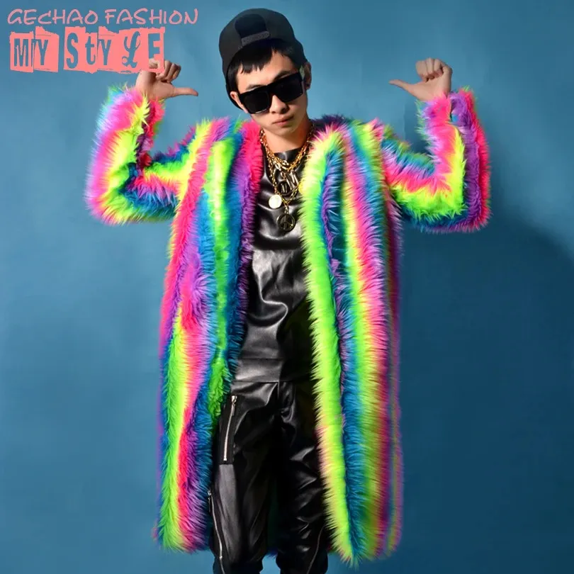 Mens-Furry-Fur-Coat-Outwear-Rainbow-Colors-Loose-Long-Sleeves-Casual-Parkas-Luxury-Dancing-Street-Overcoats