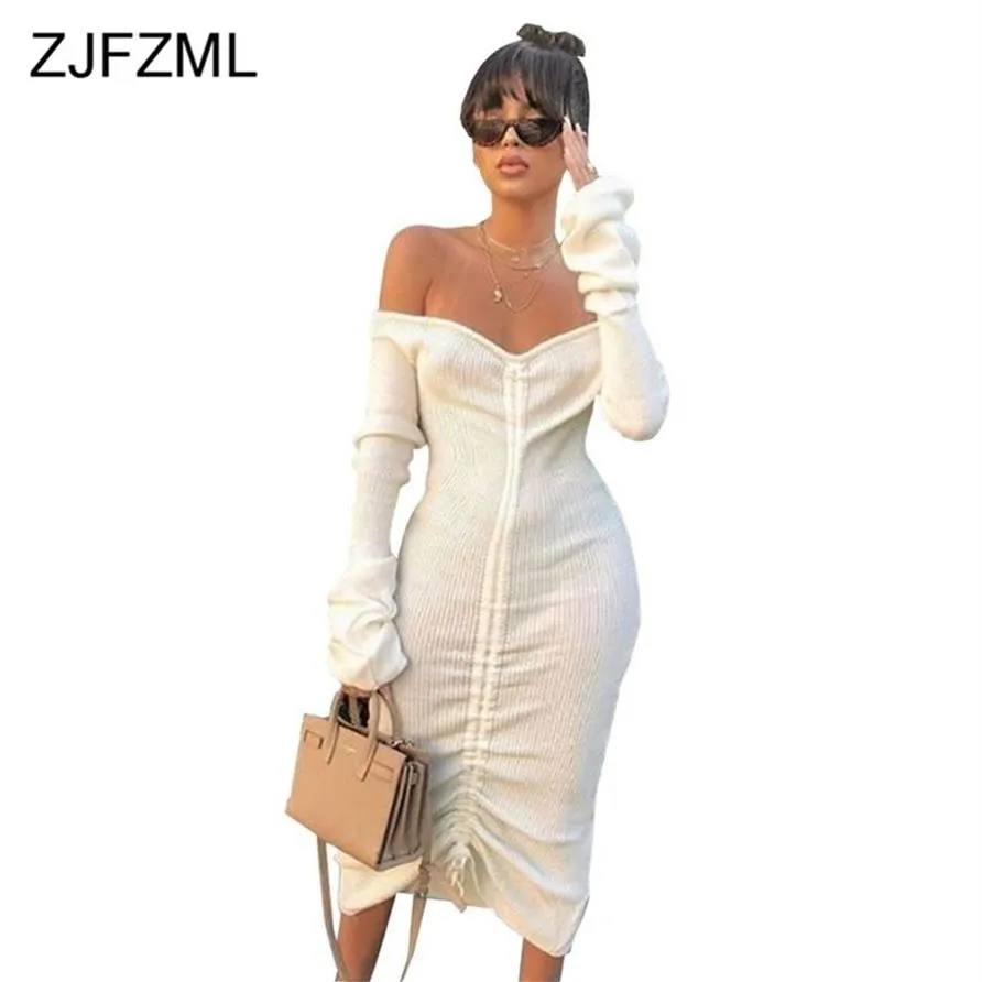 Abiti da fasciatura sexy con coulisse sul davanti Abito da donna bianco con scollo a barchetta Manica lunga Club Party Dress Autunno Inverno Abito lungo con spalle scoperte 21277J