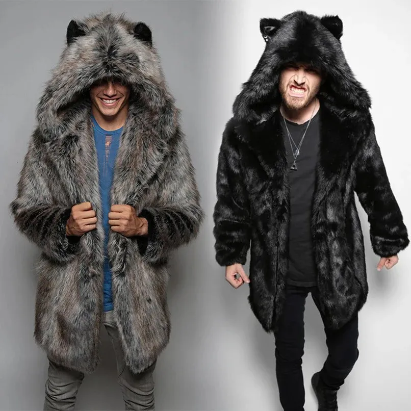 Men's Leather Faux Leather Men's Faux Fur Thick Warm Coat Long Sleeve Fashion Hooded Jackets Bear Plush Cardigan Blouse Casual Male Parka Snow Wear Winter 231018