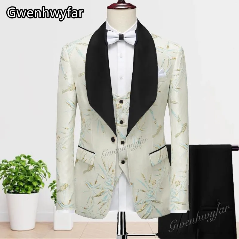 Mäns kostymer Gwenhwyfar 2023 Luxury Product Bamboo Leaf Pattern Black Lapel Suit Wedding Dinner Groom Slim Fit Tuxedo