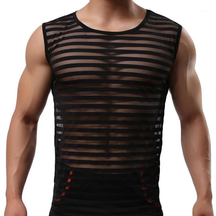 Mannen Tank Tops Top Fitness Kleding Mannen Bodybuilding Transparant Gestreept Gym Ondergoed Musculatie Ropa Hombre Vest Sleevele2878