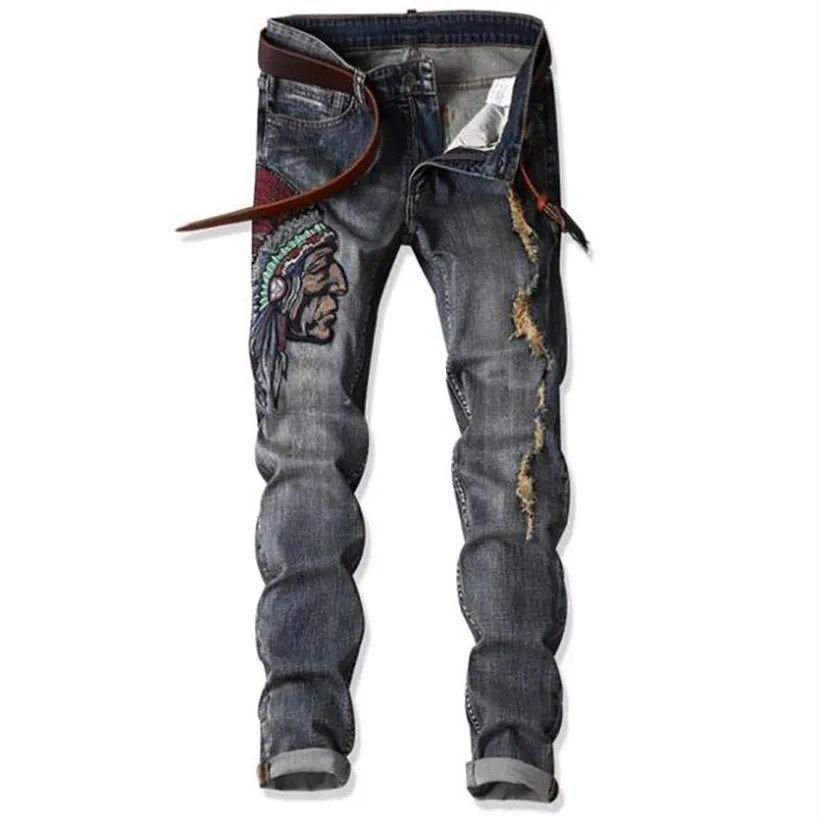 Fashion Patchwork And Embroidery Indian Men's Slim Jeans Casual Long Pants Denim Jeans For Man Clothing266g