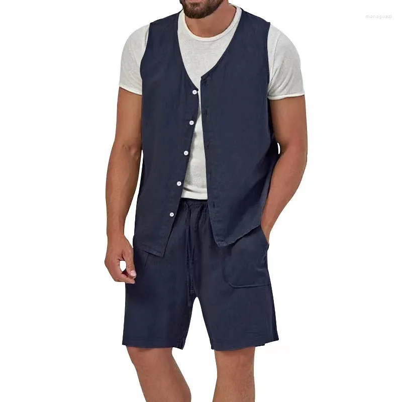 Men's Tracksuits Summer Cotton Linen Two Piece Sports Set Casual Solid Loose V-Neck Sleeveless Tank Top Coat Shorts Suits For Men Clothing