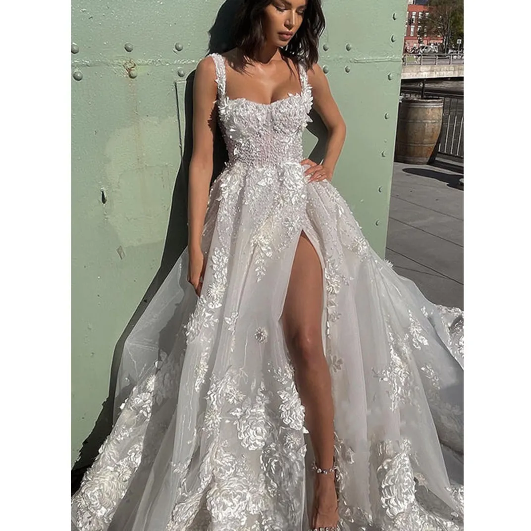 Princess Boho Wedding Dress Women Gorgeous Sleeveless Lace Appliques Pleats A-Line Bridal Gown Sweep Train