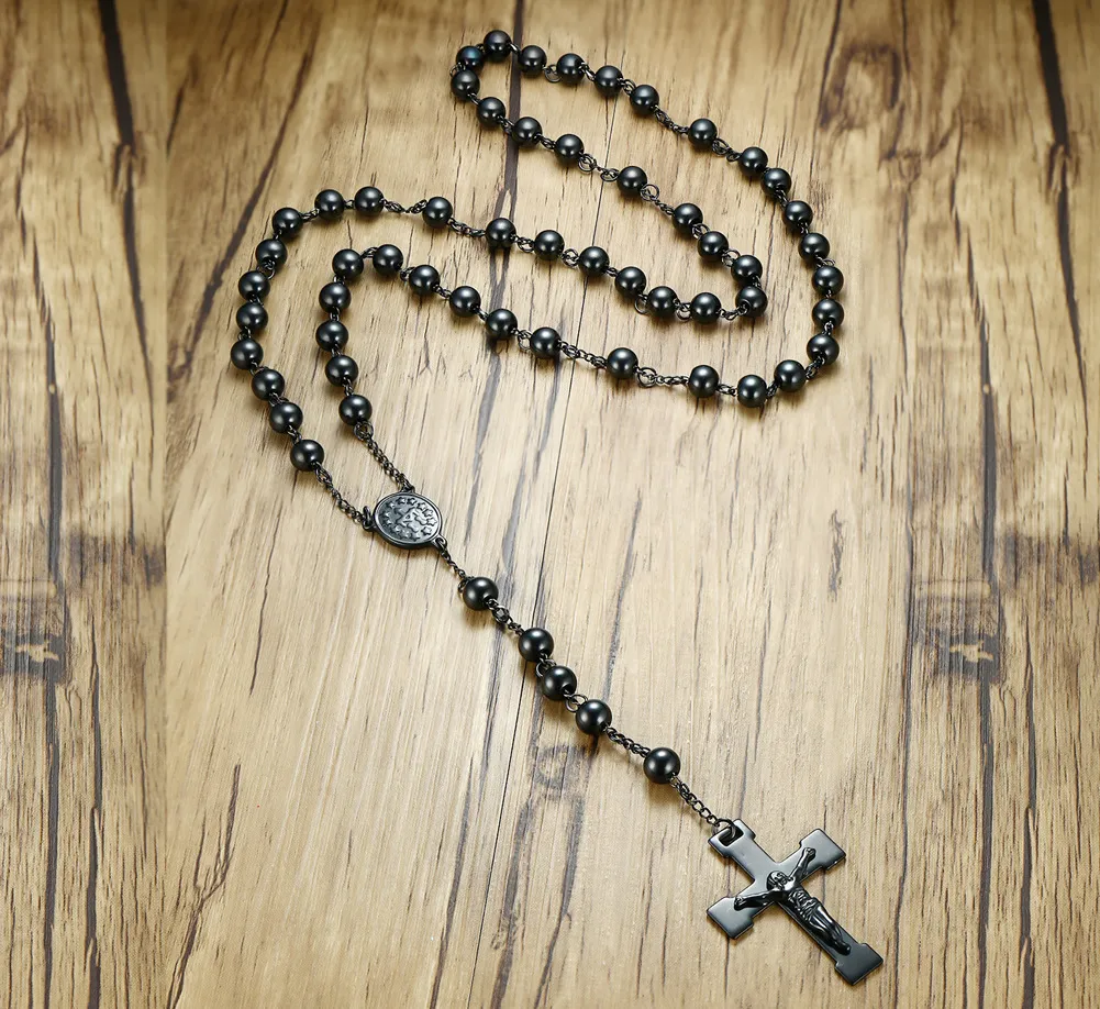 Collar de Rosario pesado para hombre, cadena de cuentas de bolas de acero inoxidable de 8mm, colgante de Cruz religiosa, joyería de moda de 30 pulgadas