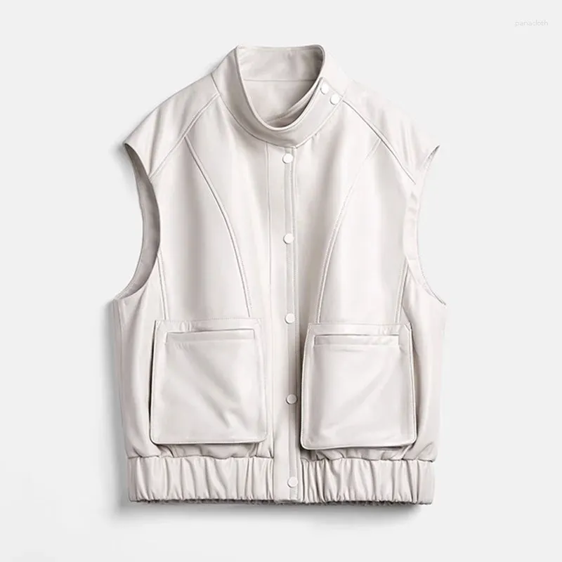 Gilet en cuir pour femmes automne et hiver en peau de mouton col montant sans manches poche Cargo veste ample décontractée simple boutonnage