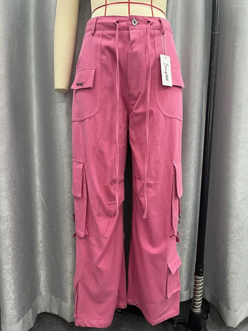 Женские джинсы Simplee 2023, женские модные джинсовые брюки с высокой талией и широкими штанинами, розовые карманы на шнуровке, брюки Y2K