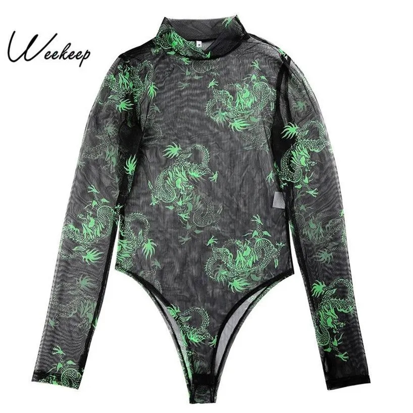 Weekeep Sexy Mesh Perspective Långärmad bodysuit Women Summer Bodycon Dragon Print Streetwear Bodysuits Women 2019 Rompers T2001329C