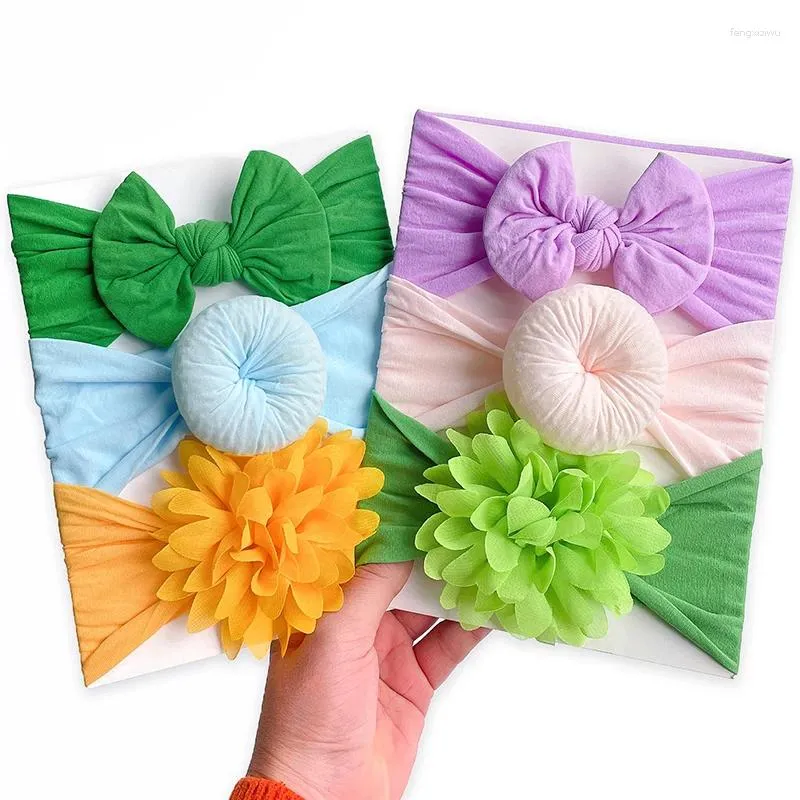 Accessoires de cheveux 3 pièces/ensemble bébé bandeau princesse filles couleur unie doux arc fleur chapeaux enfant en bas âge infantile doux élastique enfants