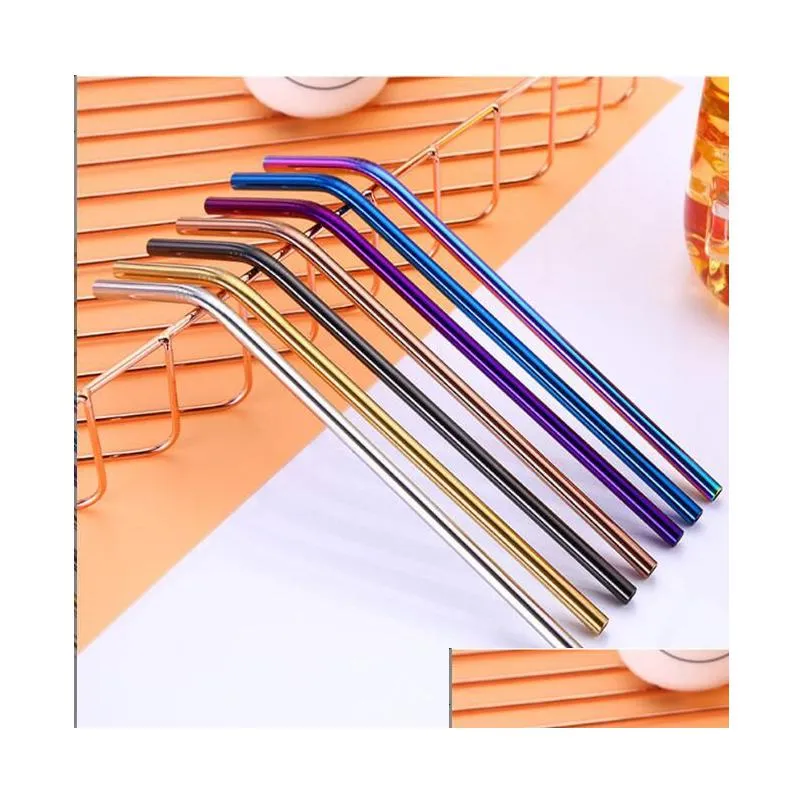 Pajitas para beber Bebida de acero inoxidable St 6X0.5X215Mm Reutilizable Rainbow Gold Metal Straight Bend Tea Bar Beber Sts Home Garden Kitche Dhjnu