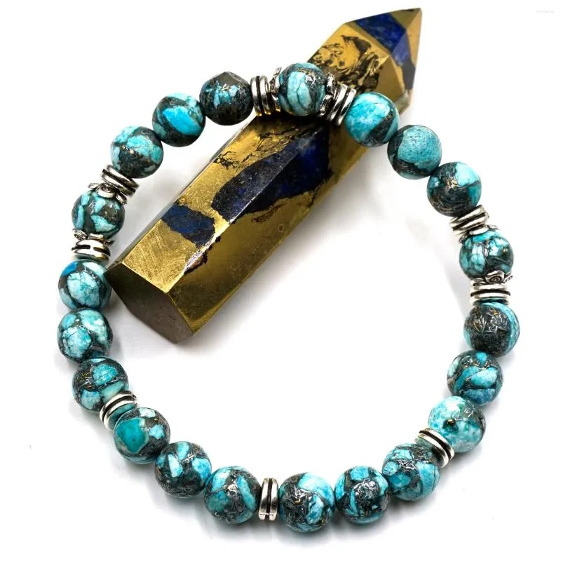 Strand 1pc Turquoise régénérée avec perles rondes en alliage 8mm Bracelet élastique pour un port quotidien fête femme homme