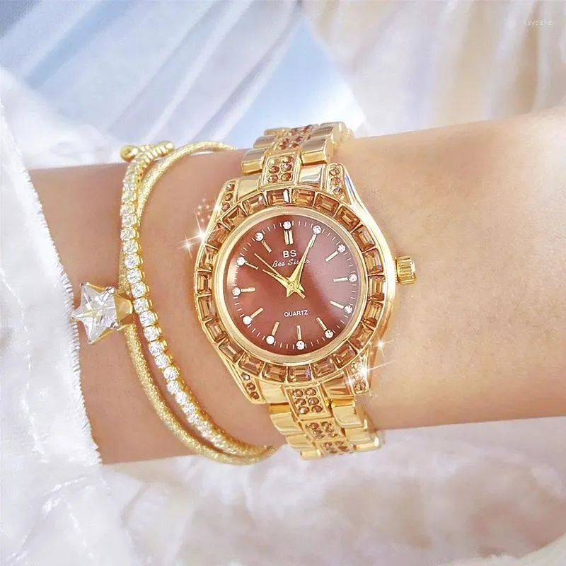 Wristwatches Quartz Watch For Women Fashion Luxury Coffee Square Rhinestone Dial Elegant Stainless Steel Strap Relogios Feminino