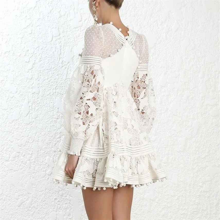 Bllocue Autumn Designer Runway Self Portrait Puff Sleeve Party Dress Women Spring White Lace Splicing Hollow Out Beach Min Y200805253H