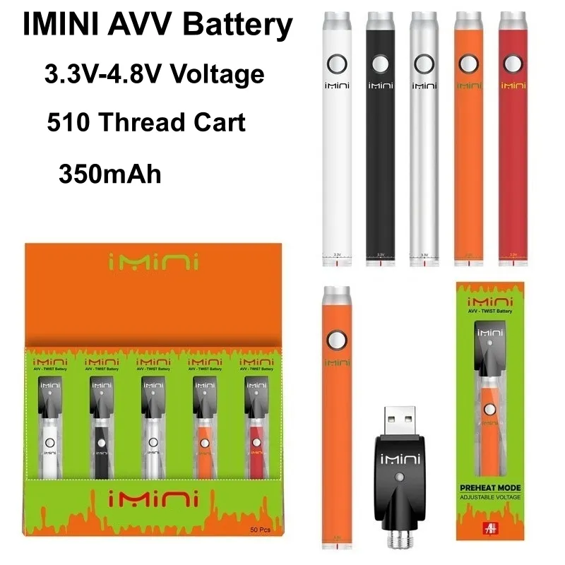 Shenzhen Factory IMINI AVV E CIGS 510 Trådpatroner 3.3V-4.8V Variabel Spänningsbatteri 510 vagnar 350 mAh batterier Förvärm Vape Pen för ångpatroner