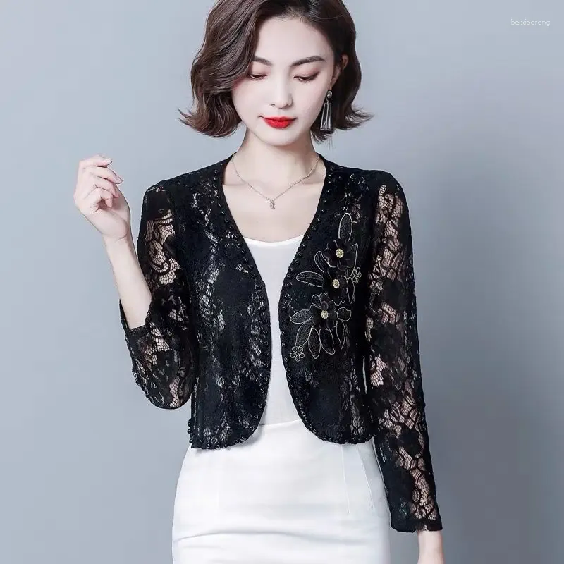 Women's Jackets Women Summer Tops Ladies Long Sleeve Cropped Lace Bolero Formal Evening Party Elegant Slim Woman Clothes Open Front Coat