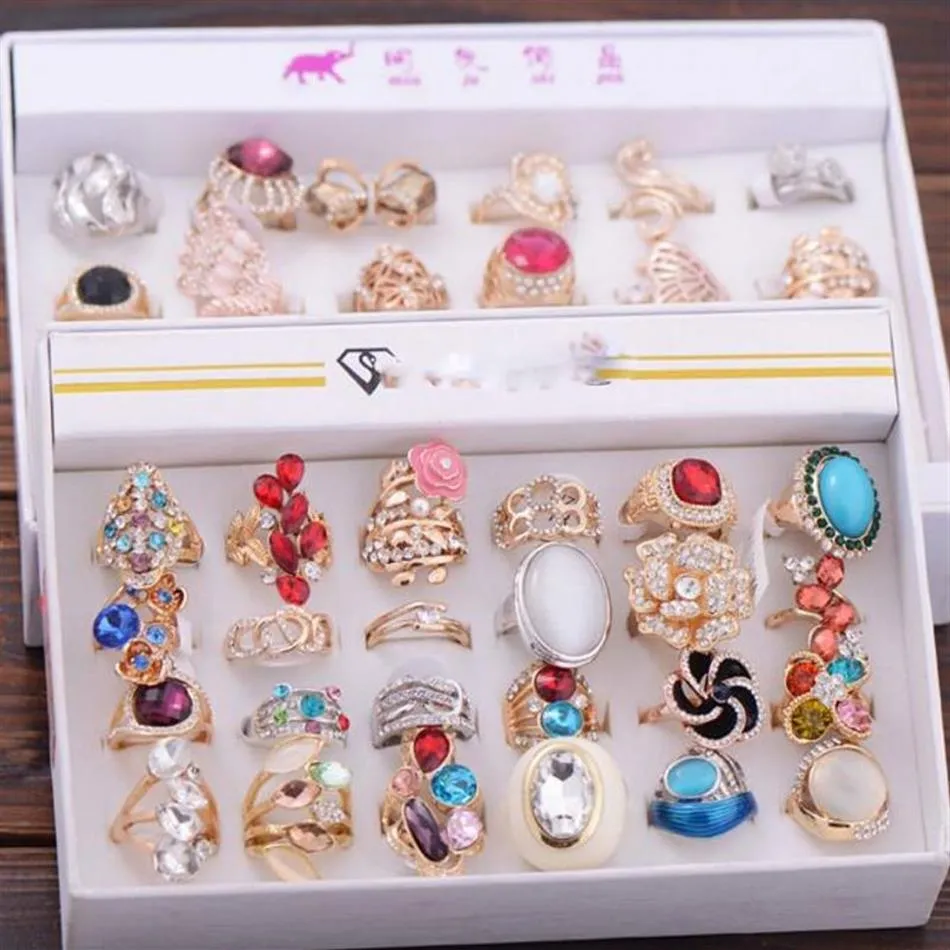 24pcs lot Mix Style Open Adjustable Fashion Crystal Jewelry Cluster Rings For Gift Craft RI15 316a