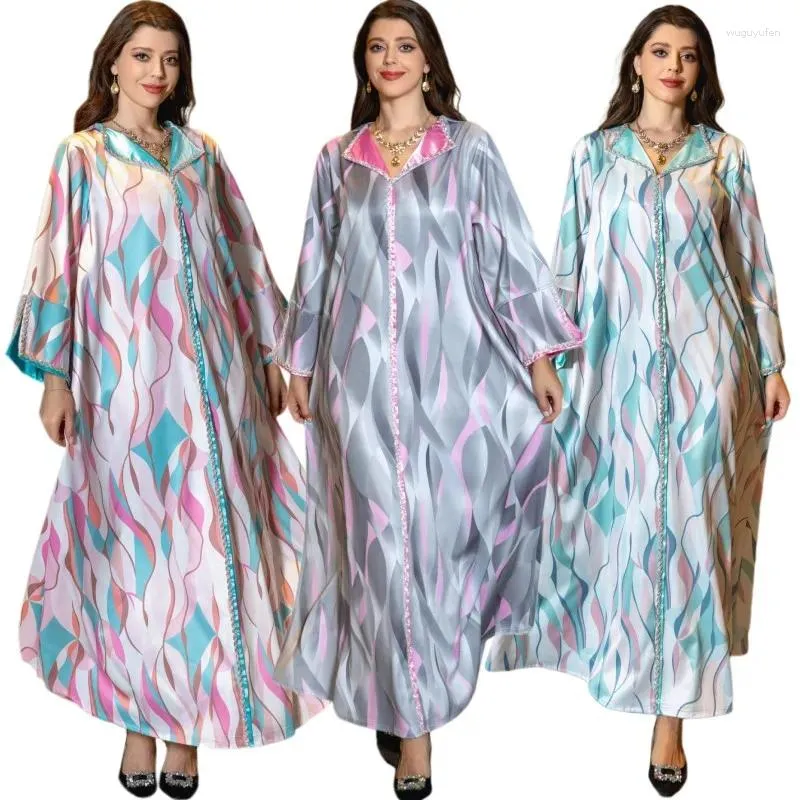 Этническая одежда Дубай Вечерние платья Рамадан Ид Турция Абая Аравия Мусульманские женщины с принтом бриллиантов Халат Исламский джилбаб Марокканский