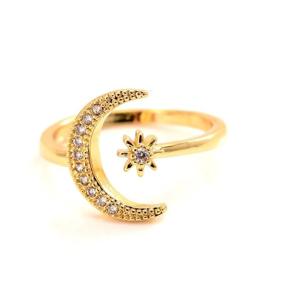 Fashion Minimalist CZ Stones Moon Star Opening 24 K KT Fine Solid Gold GF Ring Charming Women Party Jewelry Cute Gift2579