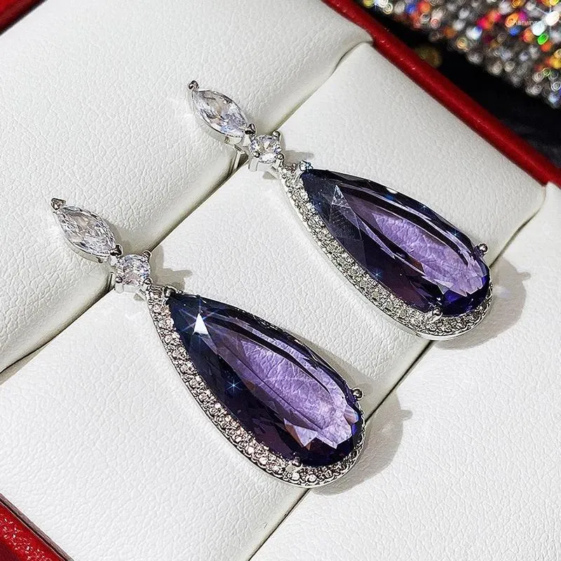 Boucles d'oreilles étalon Crystal de pendentif d'eau pour femmes pour femmes longues pourpre élégantes Cubic Zirconia Silver Color Jewelry Gift
