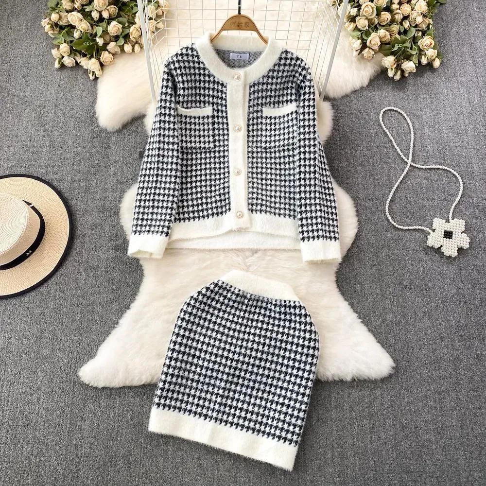 Two Piece Dress Women Knitted Skirt Suit Winter Autumn Office Lady Elegant Houndstooth Crew Neck Cardigans High Waist Pencil Skirts 2 Sets 231018