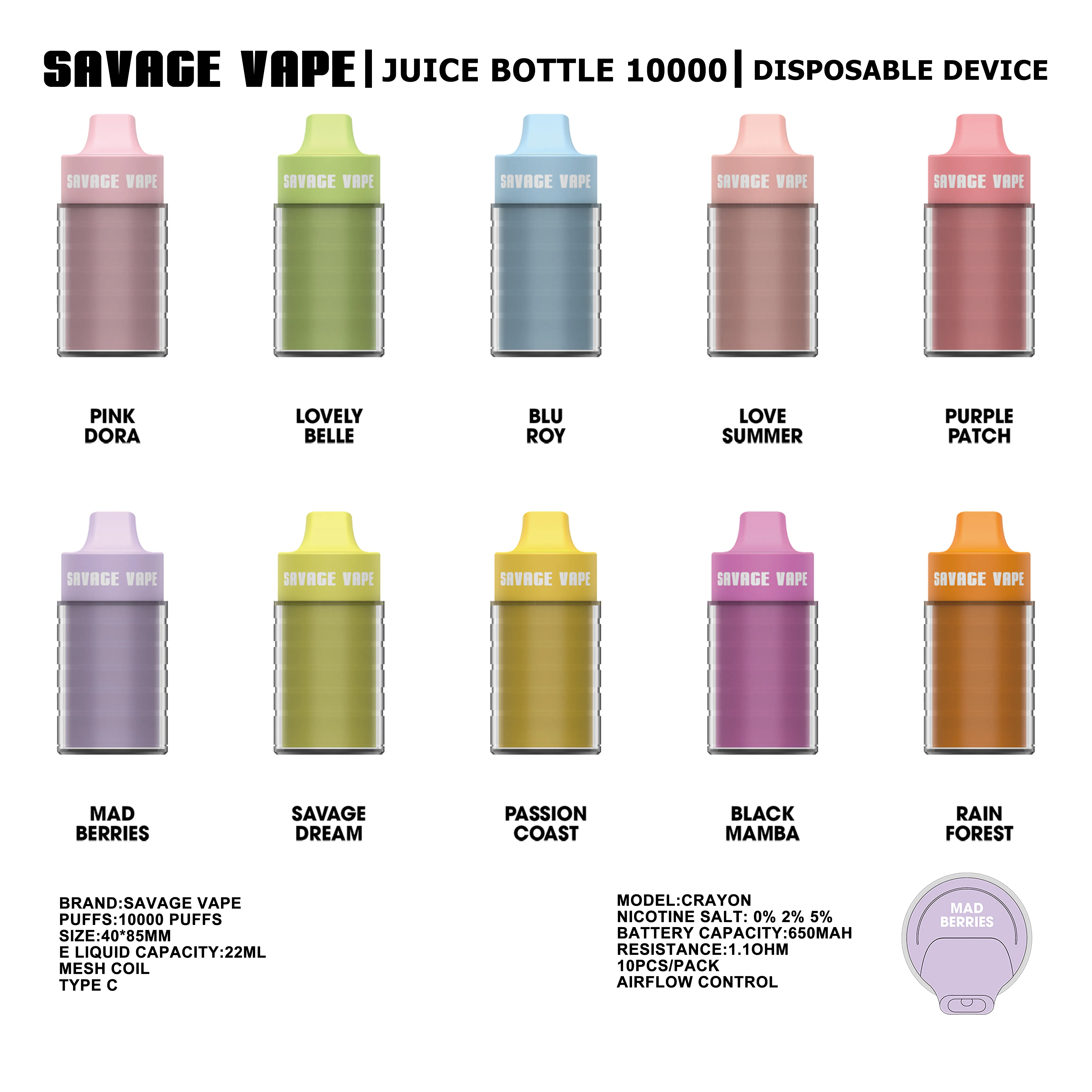 Original SAVAGE Juice Bottle Disposable Vape 10000 22ml Flavor Puff 10k E Cigarette Airflow Adjustable 20mg 30mg 50mg pack vs Randm 7000 9000 9k 12000 12k Original SAVAGE Juice Bottle Disposable Vape 10000 22ml Flavor Puff 10k E Cigarette Airflow Adjustable 20mg 30mg 50mg pack vs Randm 7000 9000 9k 12000 12k