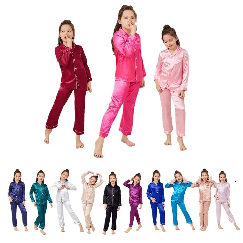 Розничная продажа пижам Детские пижамные комплекты для девочек и мальчиков Атласные шелковые пижамные комплекты Одежда для сна для девочек Топ с длинными рукавами и брюки D70 231019