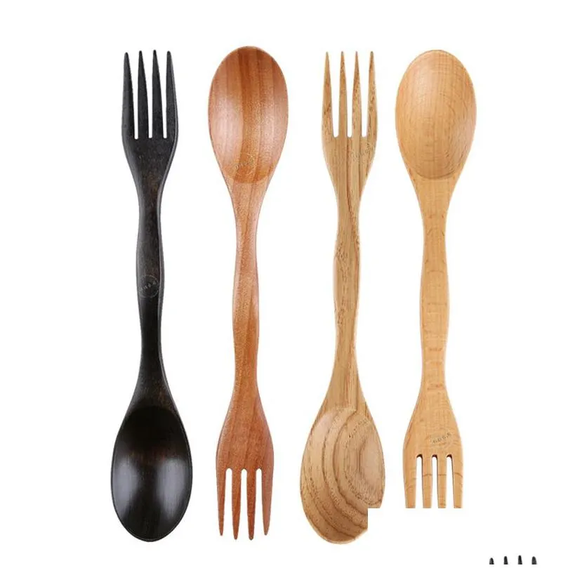 Cucchiai Moda Cucchiaio Forchetta in legno naturale 2 in 1 Utensile da cucina Utensile da cucina cinese Posate a manico lungo Cucina da giardino per la casa, Bar da pranzo Flatw Dhmgs