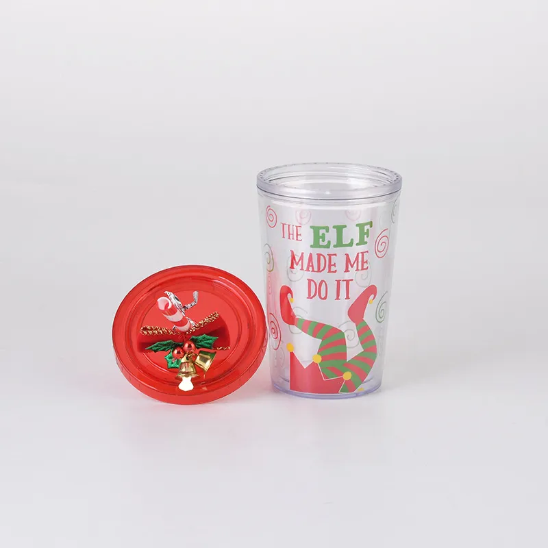 10 OZ Christmas Cups Double Layer Plastic Tumbler With Lid and Straw Christmas Water Bottle