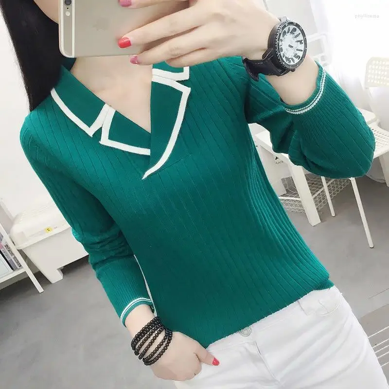 Suéter feminino verde lapela pescoço coreia primavera pulôver tricô suéter solto casaco casual pano menina camiseta tops roupas para mulheres senhora