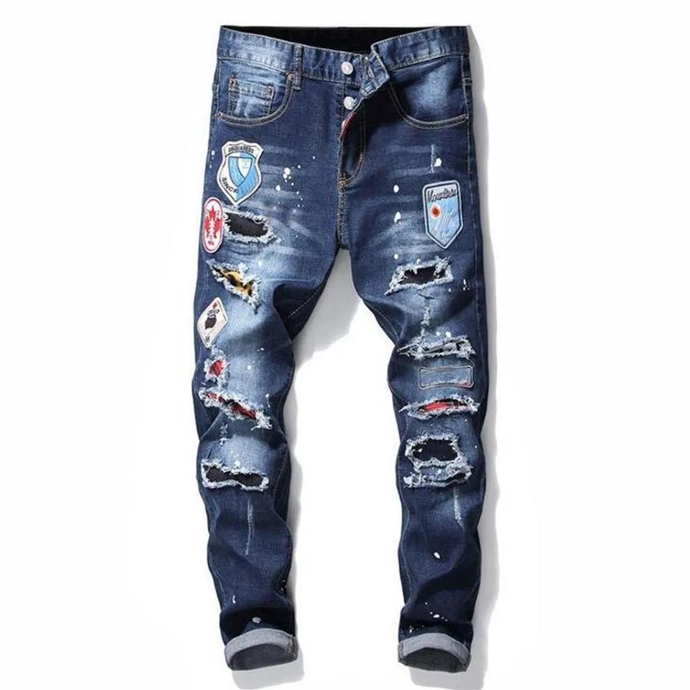 Unique Männer zerrissenes Abzeichen Blue Skinny Jeans Herren Modedesigner Slim Fit Wäsche Motocycle Denimhose getäfter Hip Hop Trous258g