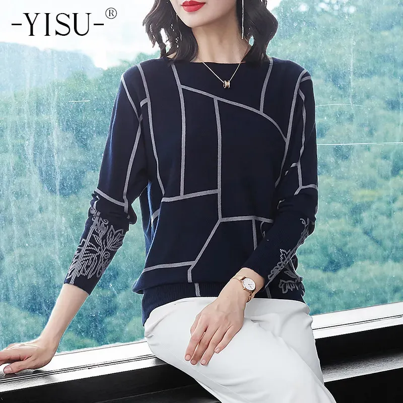 Women's Knits Tees YISU mode femmes géométrie imprimer pull à manches longues pulls tricots automne hiver pulls haute qualité pulls tricotés 231018