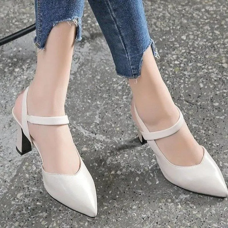 Dress Shoes Leather Sandals Women's Mid Heels Summer Wild Chunky Ankle-Strap Pumps Closed Toe Back Empty Fashion Women