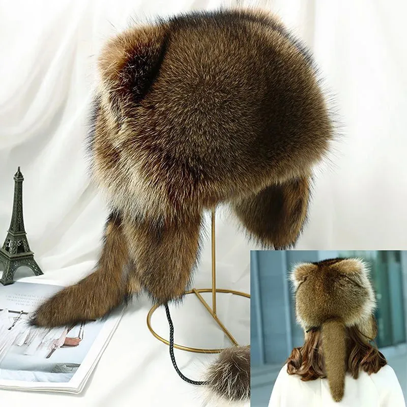 Animal Hats Plush Raccoon Style Winter Cap With Tail And Ear Flaps