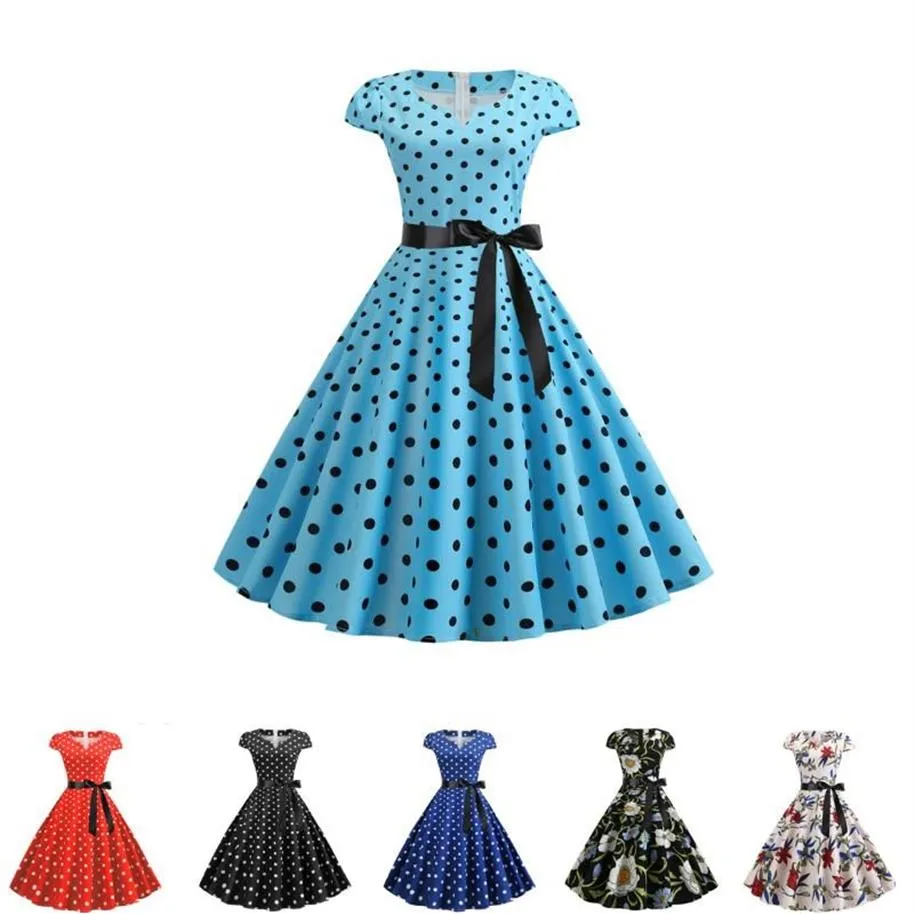 Sukienki imprezowe szata kobiety vintage kropka letnie pin plus size druk retro 50s 60s Rockabilly Sundress vestidos A-lineparty224J
