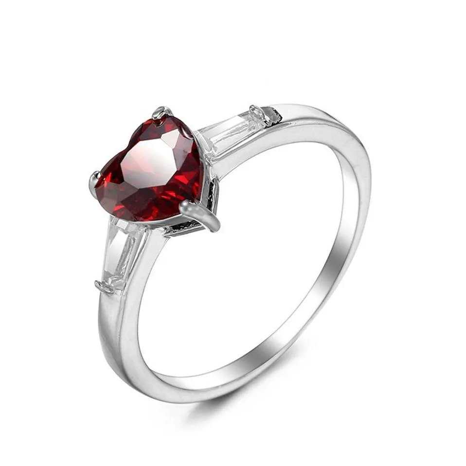 LuckyShine Wedding Party Jewelry Red Heart Formed Garnet Gems Silver For Woman Charming Rings 10 PCS306J