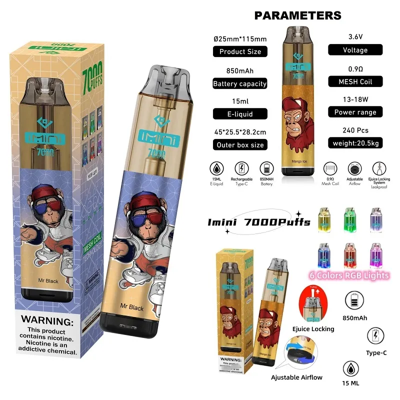 Imini Vape R et M Tornado 7000 Puffs 9000 PUF Dispositif de cigarettes électroniques 15 ml 850mAh Interrupteur de flux d'air de batterie 6 couleurs