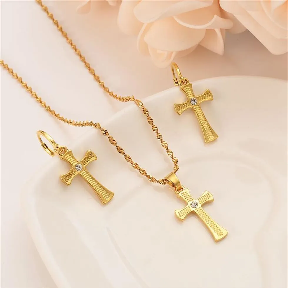 Kreuz Halskette Ohrringe Set Massives Gold GF CZ Kristall Katholische Religiöse Hochzeit Brautschmuck Set Weihnachten Geburtstag Geschenk230u