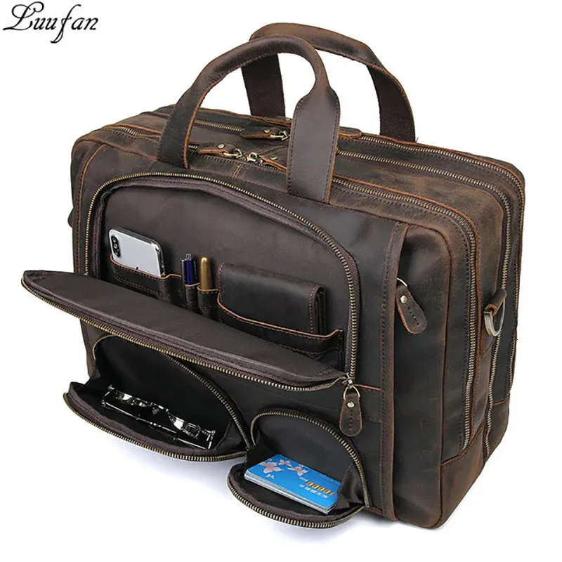 Duffel Bags Multifunction Crazy horse Genuine Leather Men Briefcase 17" Laptop business Bag tote Vintage Male Big Shoulder Bag Travel Duffel 231019