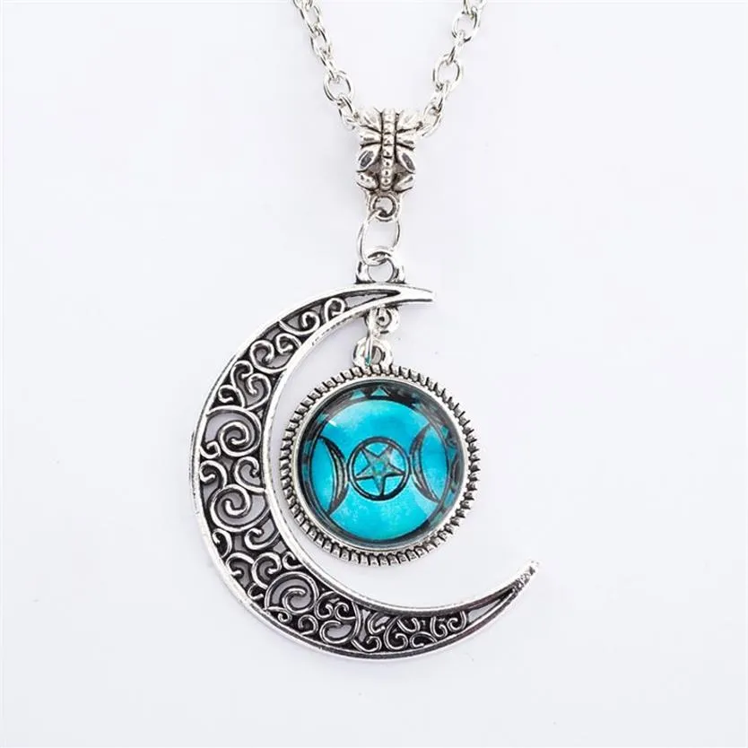 Chaîne en argent Triple lune déesse pendentif noir Wiccan bijoux lune déesse collier verre dôme pentagramme ras du cou colliers femmes273e