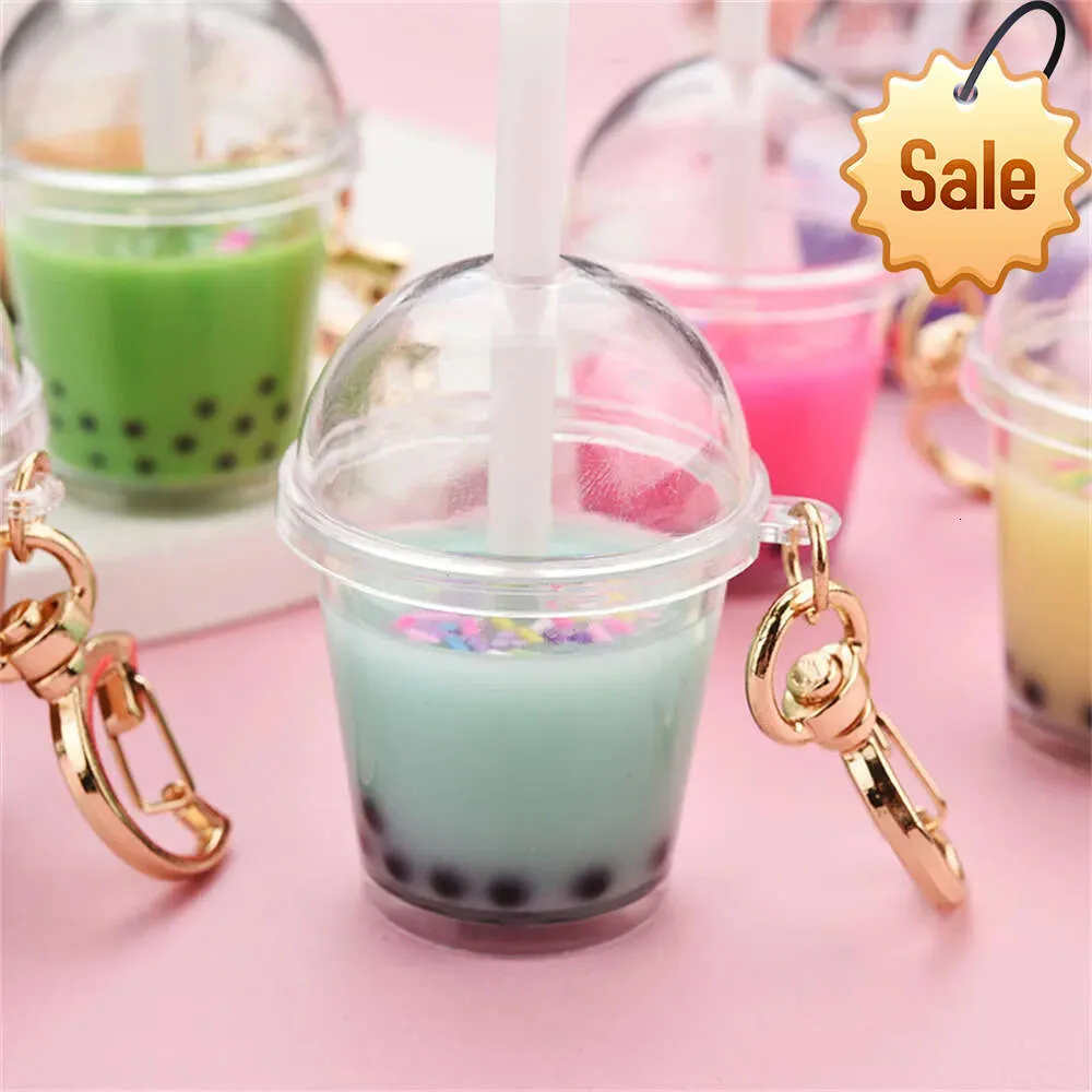 Cute Mini Pearl Milk Tea Cup Key Chain Trendy Funny Moon Buckle Keychains Car Pendent Bag Accessories Keyring for Women Gift