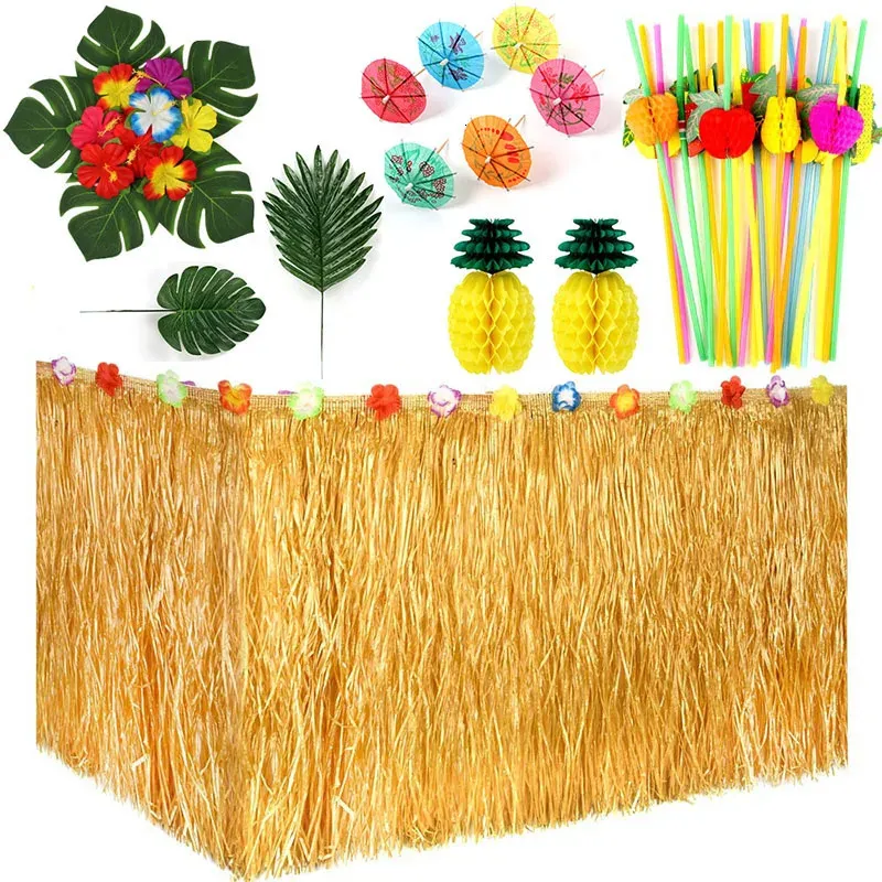 107pcs Hawaii Laua Table skirt & Artificial flower Tropic Palm Leaf straw etc set for Summer Wedding Birthday home table decor