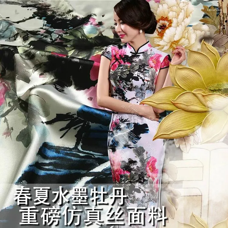 Klädtyg 150 cm tung stretch hög imitation siden cheongsam pion digital tryck klänning kimono grossistduk