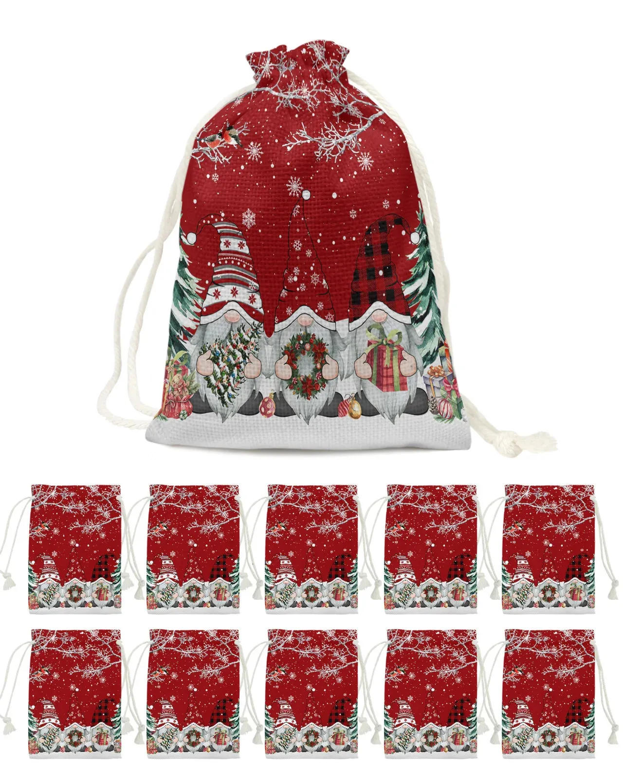 Décorations de Noël Scène de neige de Noël Flocons de neige Gnome Porte-cadeaux Sac de bonbons à cordon Ornements de vacances Sac présent Porte-emballages de Noël 231019