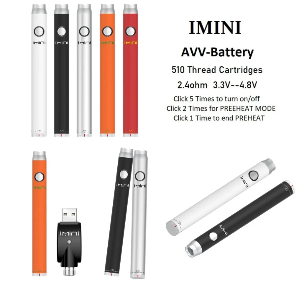 China Hot Original Imini AVV 510 thread battery preheat vapers pen 350mah 650mah 900mah 1100mah rechargeable for vape cartridge 3.3/3.8/4.3/4.8v In stock Wholesale i Vape