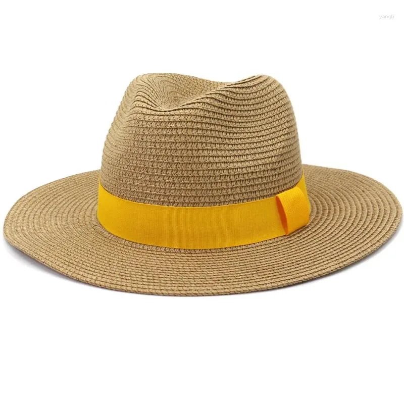 Berretti HT3633 Cappello da sole estivo Uomo Donna Fascia gialla Jazz Panama Fedora di paglia Uomo Donna Berretto da spiaggia a tesa larga