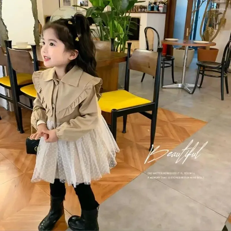 Coat Girl Korea Style Trench Children Mesh Patchwork Princess Loose Coats Baby College Khaki Topps Kids Clothes WZ825