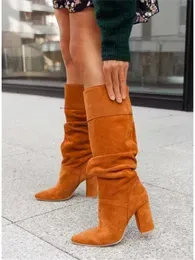 Boots Women 2022 Winter New Designer Luxury Faux Suede Casual High heel Shoes Elegant Plus Size Lady Mid Calf 231019
