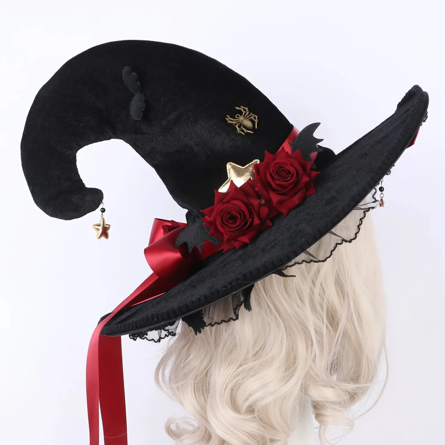 Halloween Toys Noir Cône Incurvé Chapeau De Sorcière Gothique Lolita Femmes Cosplay Robe Chapeau Accessoires Halloween Fête Magique Clown Assistant Chapeau Décor 231019