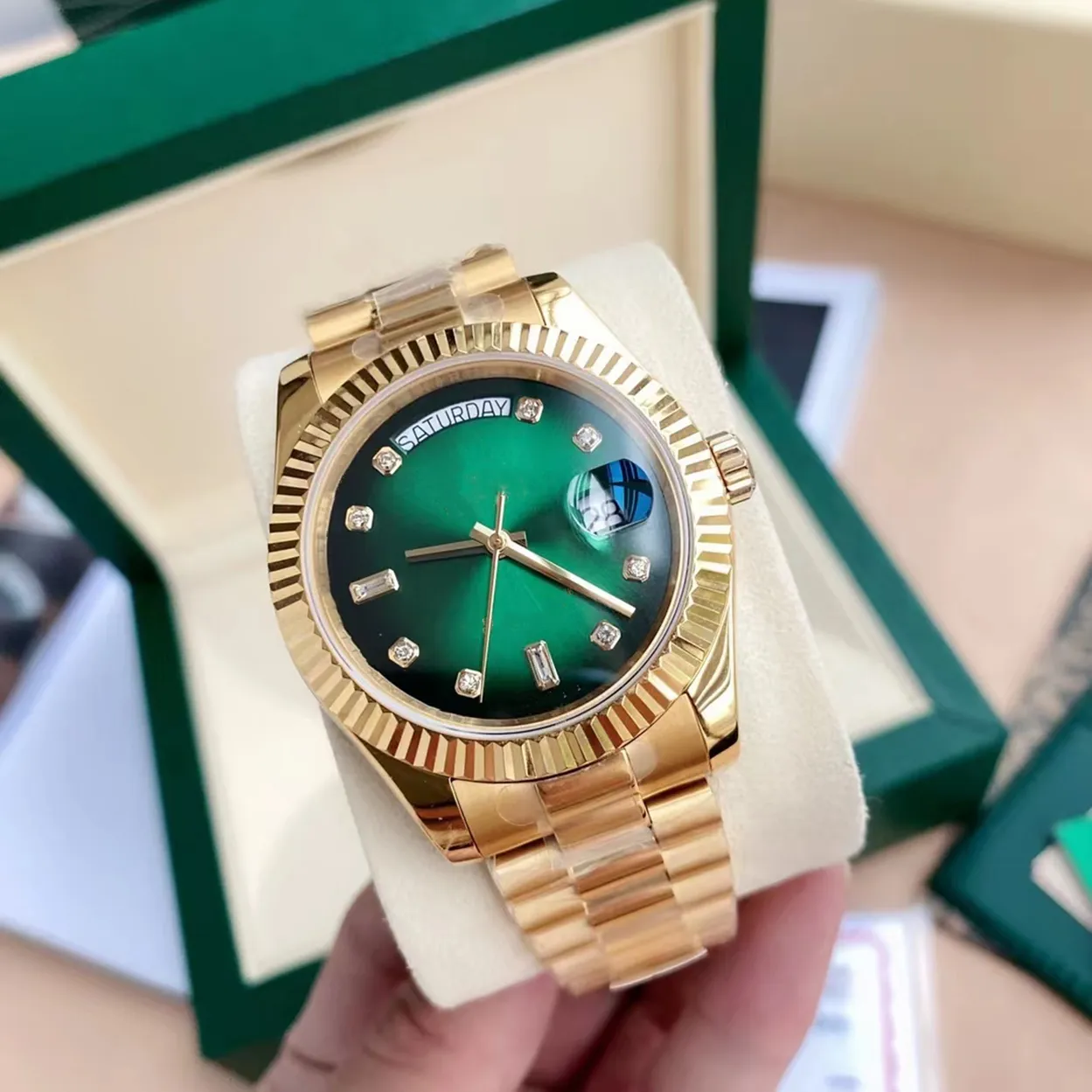 Oryginalne certyfikat Box 18K Gold Prezydent Mężczyzna 41 mm zegarki dzień Data Diamonds Zielona tarcza zegarek Mężczyźni Diamentowa ramka nierdzewna Automatyczna ręka na rękę 2024